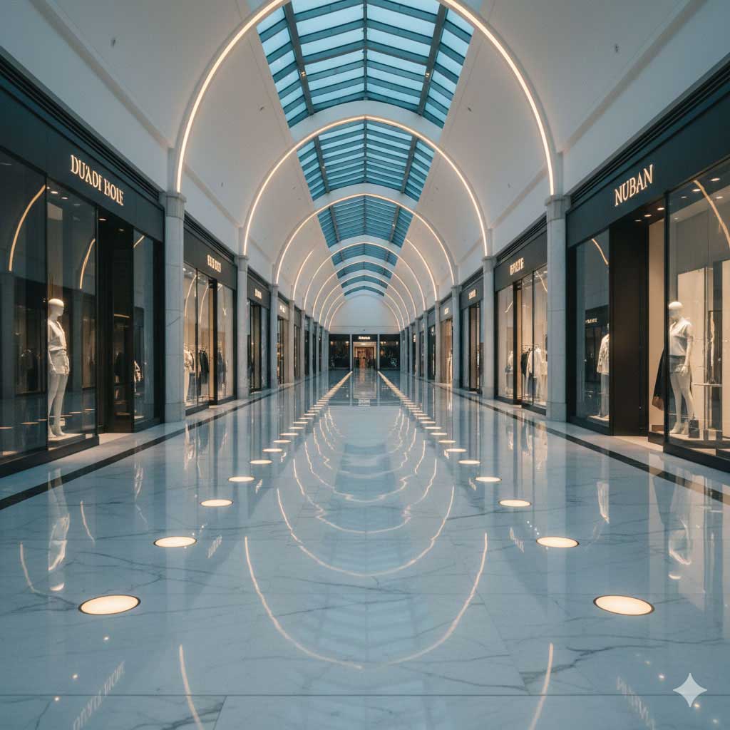 Fashion Avenue luxury wing — marble corridor at dawn