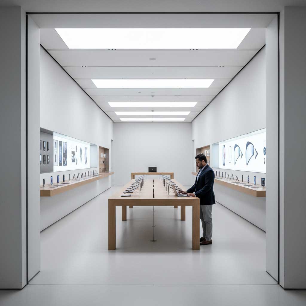 Apple Store flagship Dubai Mall minimal white interior technology retail
