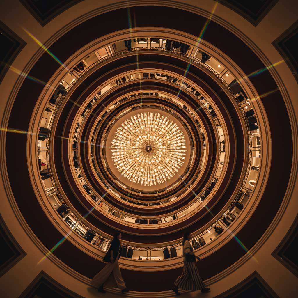 Galeries Lafayette Dubai Mall multi-storey atrium chandelier Art-Deco interior