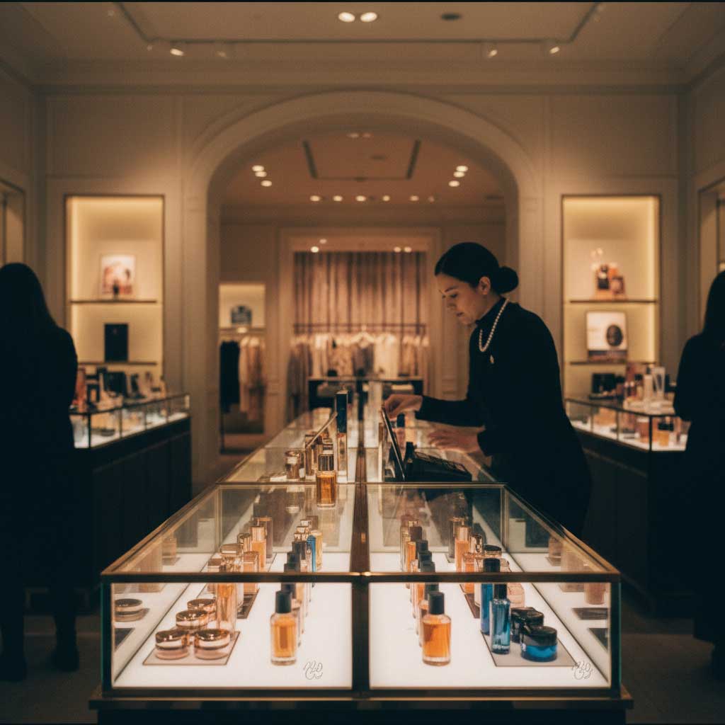 Bloomingdale's perfume cosmetics hall luxury department store warm interior