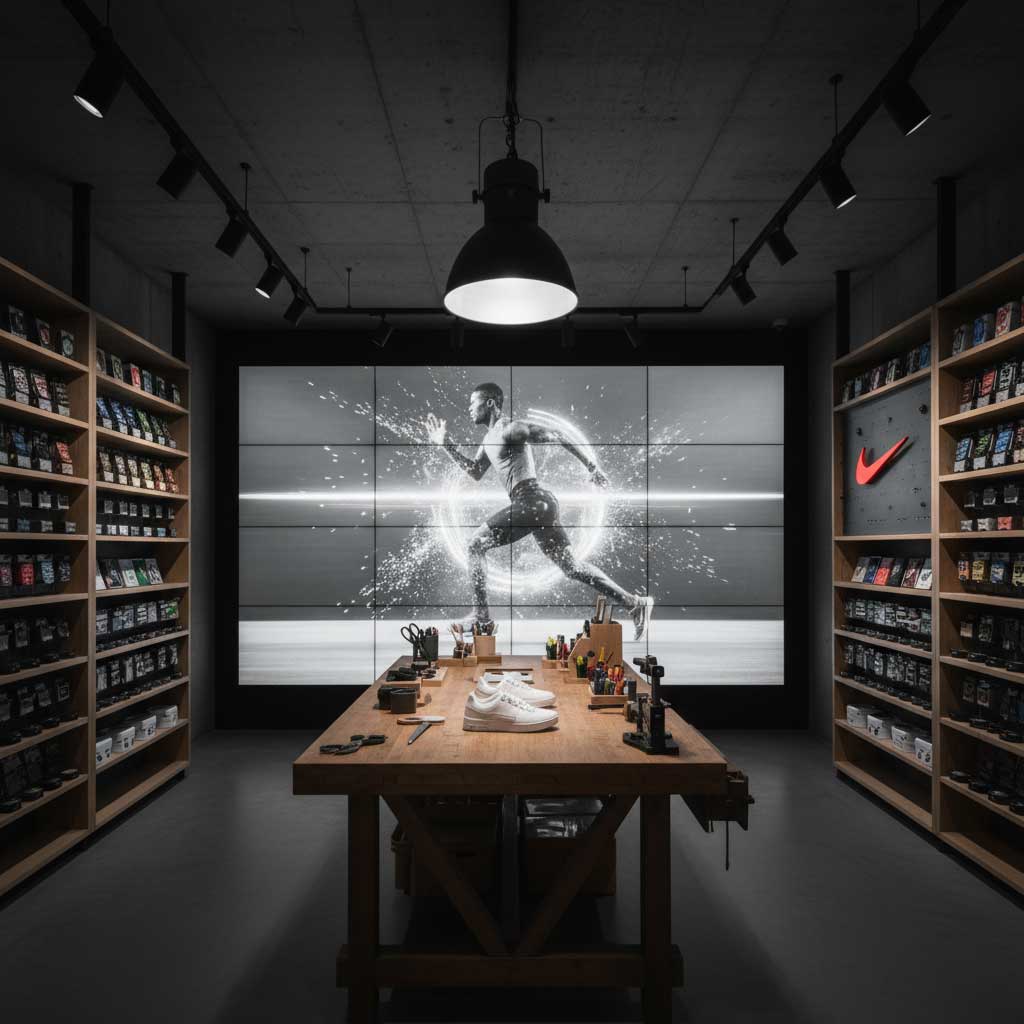 Nike House of Innovation customisation studio industrial spotlight shoe table