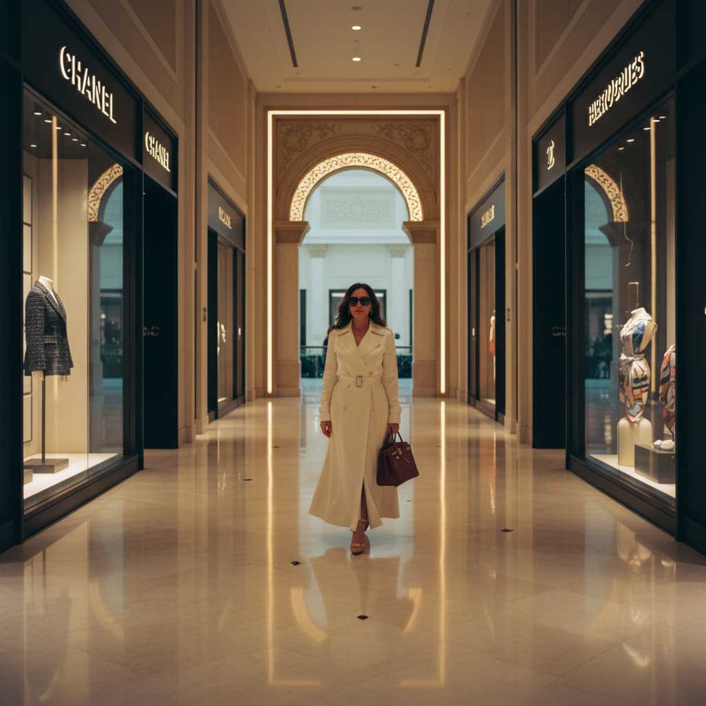 Fashion Avenue luxury wing — woman in ivory coat at dawn