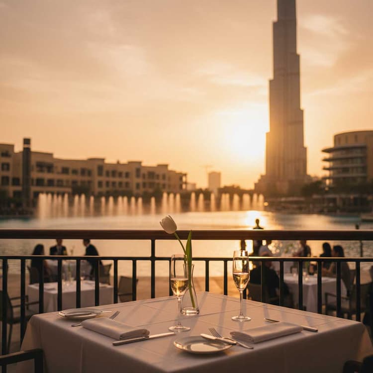 Waterfront restaurant terrace golden hour champagne Burj Khalifa fountain view