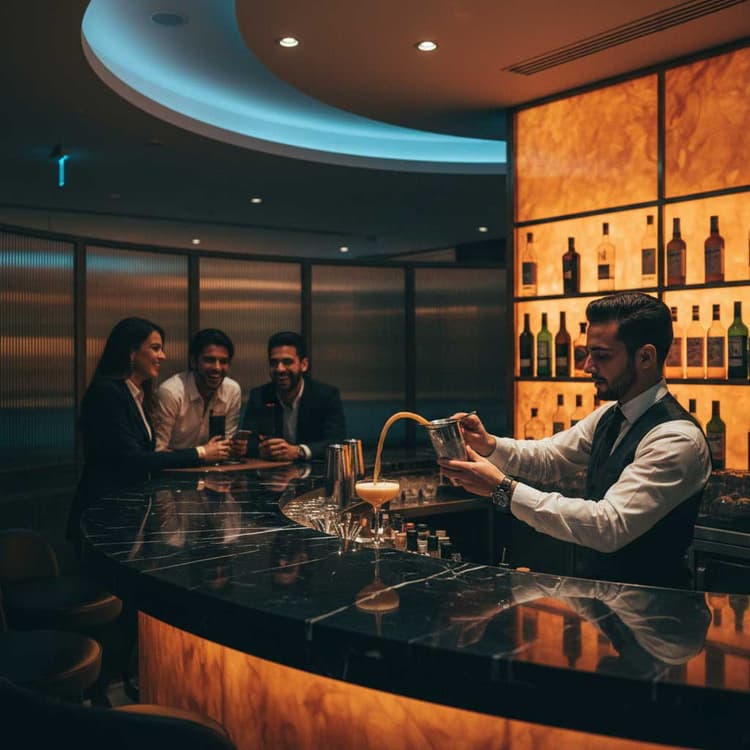 Premium cocktail lounge bar bartender pouring amber coupe glass warm backlit