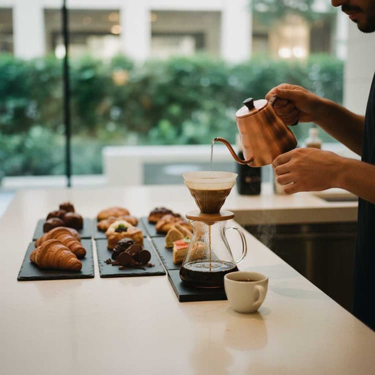 Specialty coffee pour-over hands gooseneck kettle artisan patisserie limestone bar