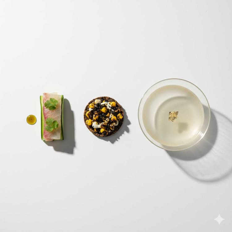 Omakase Japanese-Peruvian fusion cuisine flatlay overhead artisan plating studio