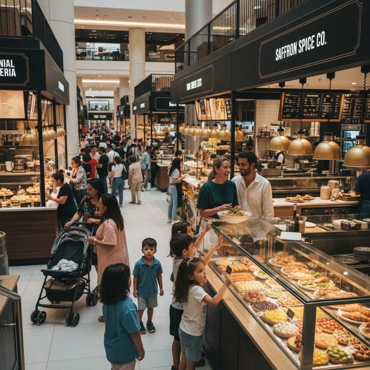 Premium food market hall wide angle families Saturday midday warm pool lighting