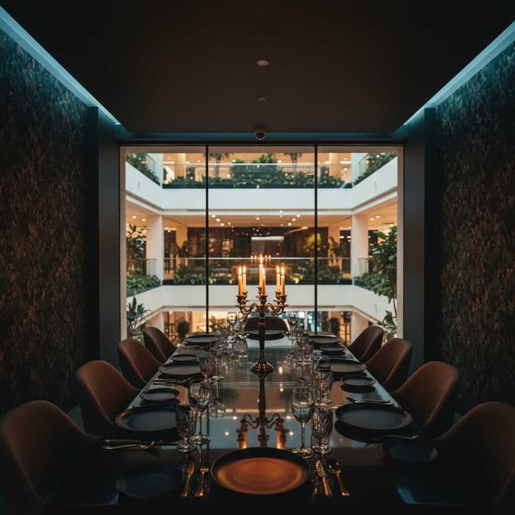 Private dining room eight-seat candlelight botanical wallcovering garden view below