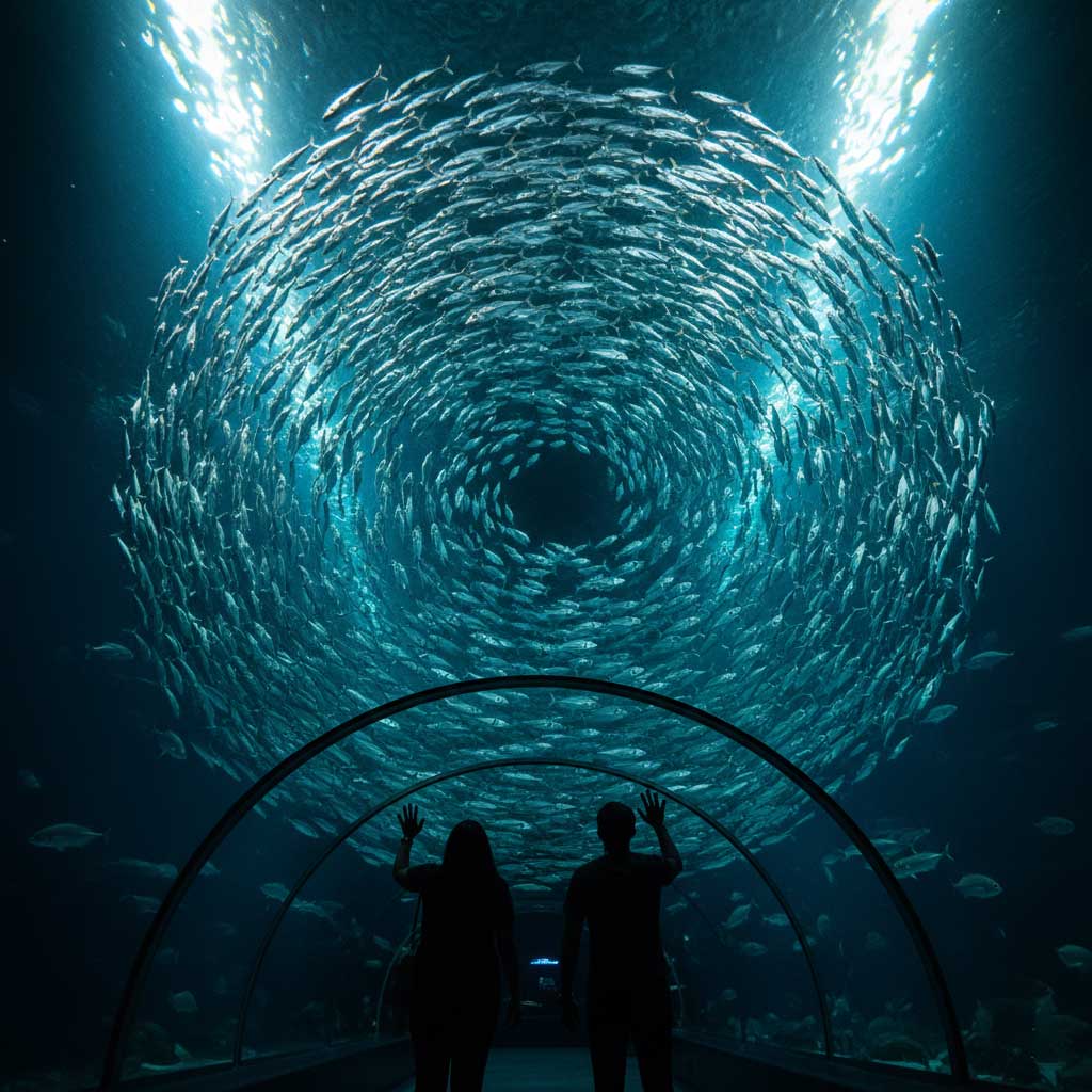 Dubai Aquarium tunnel jack fish school sphere formation silhouetted visitors awe