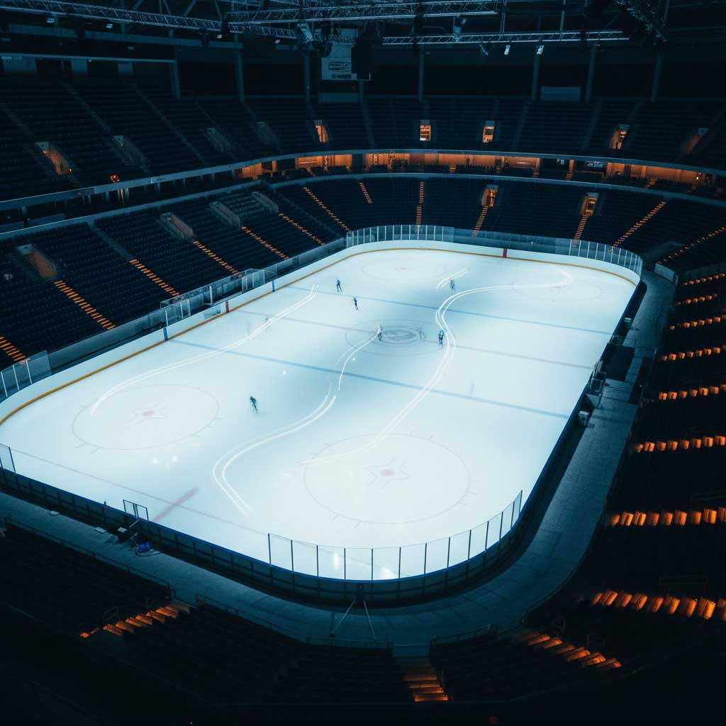 Dubai Ice Rink long-exposure skaters light trails Olympic surface stadium warm ambient