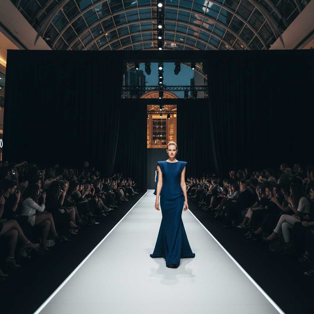 Fashion week runway midnight blue gown model camera flashes Dubai Mall atrium