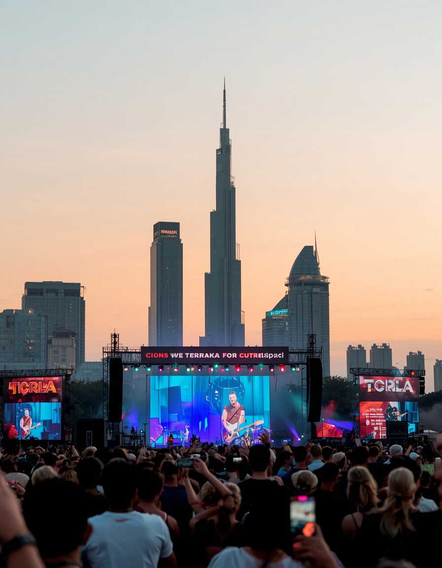 Live concert artist silhouette stage backlights amber crowd phones Burj Khalifa