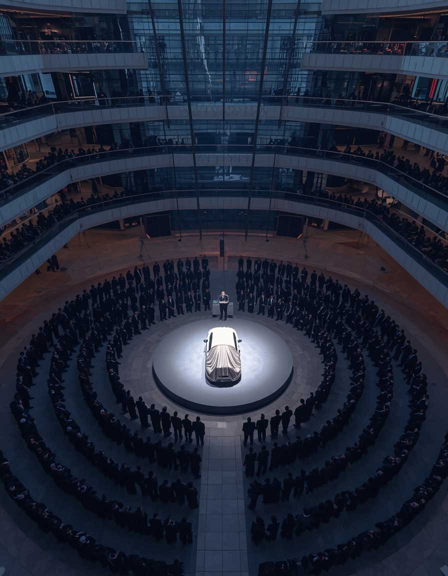 Luxury automobile world premiere draped silk white atrium invited guests ring spotlight