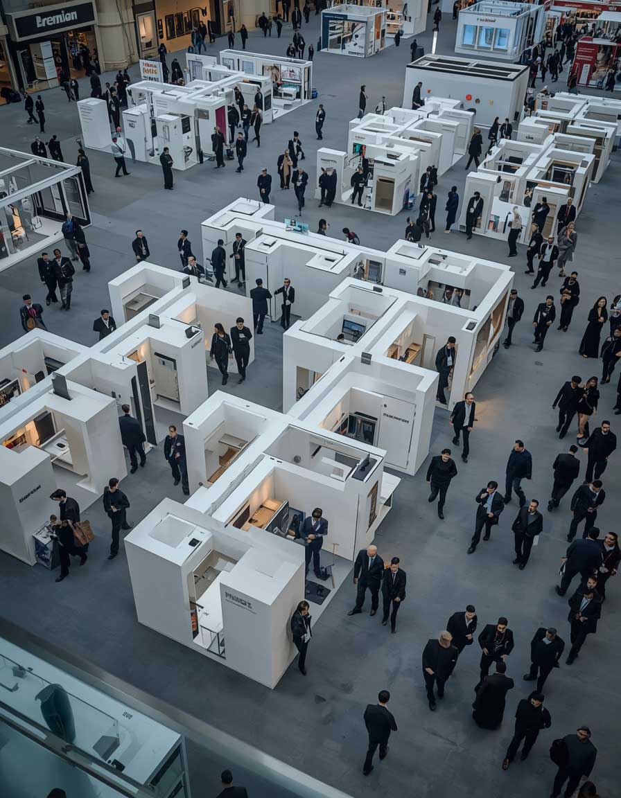 Convention exposition floor aerial view delegates premium white modular stands