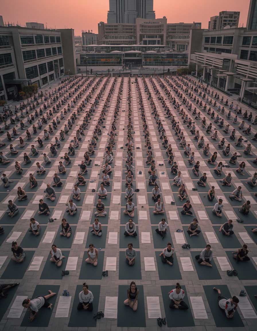 Yoga wellness festival aerial drone dawn grid formation promenade rose sky
