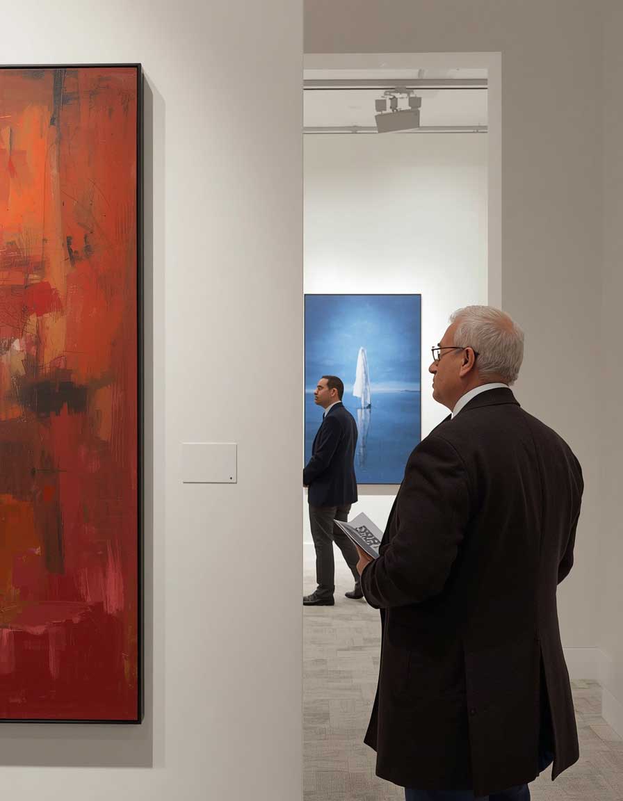 Art fair gallery crimson painting man cashmere overcoat contemplating artwork