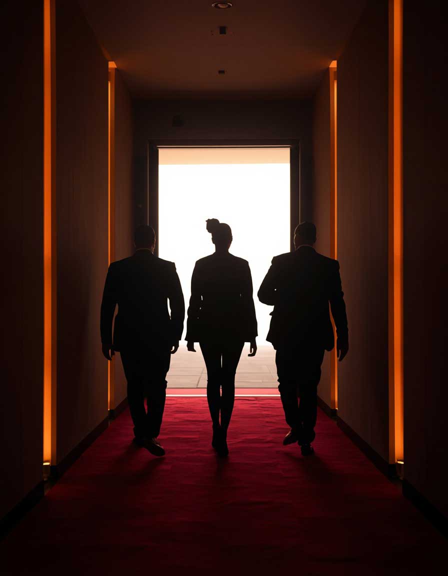 Celebrity backstage corridor silhouette handlers blazing white stage door ahead