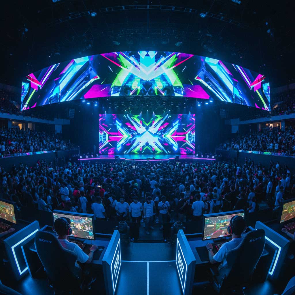 Esports championship arena LED wall neon players crowd phones stadium